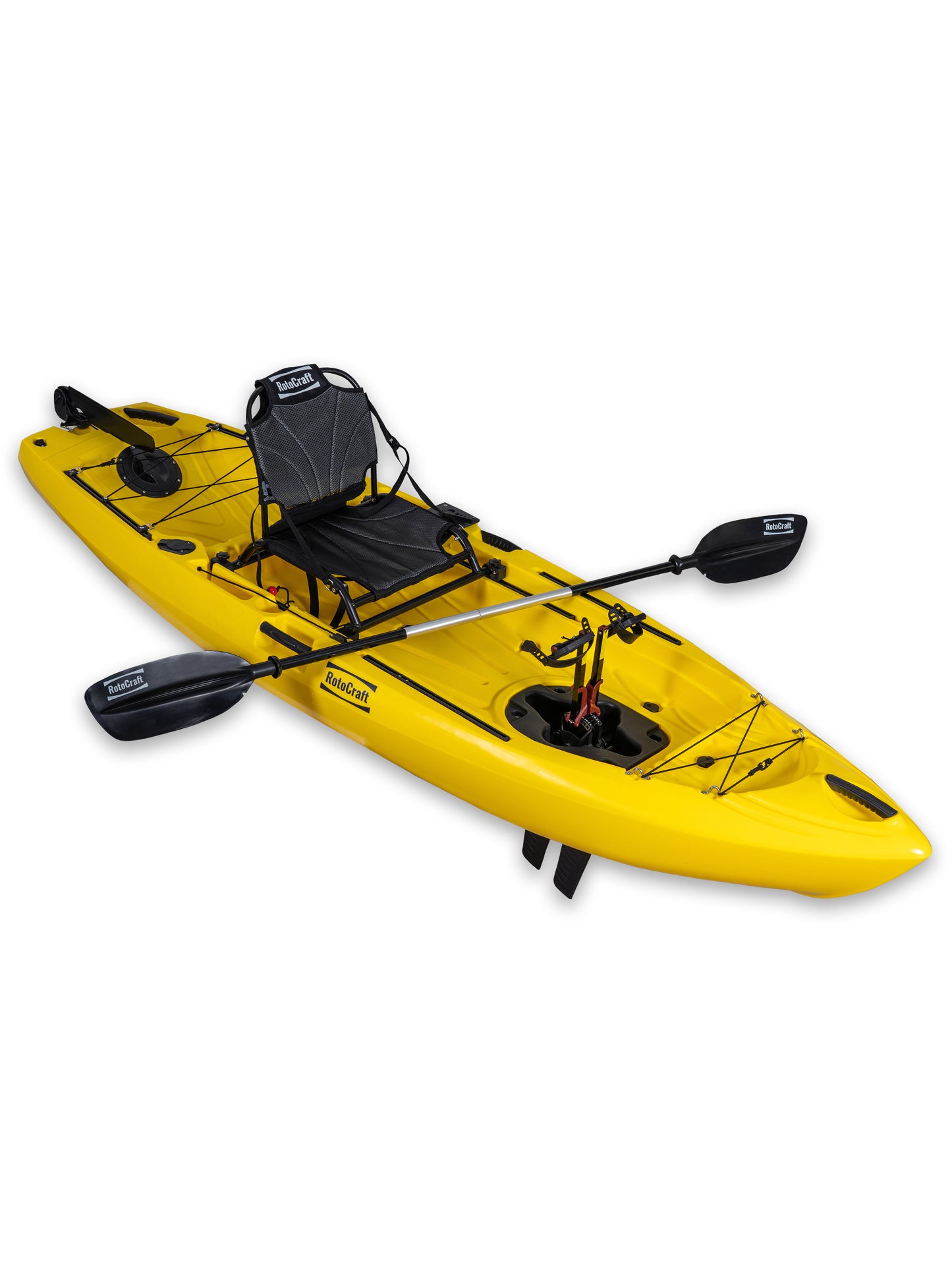RotoCraft 10 foot single flipper pedal drive kayak, angle view with paddle - solar yellow