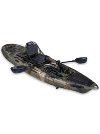 RotoCraft 10 foot single pedal drive kayak, angle view with paddle - camouflage