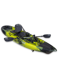RotoCraft 10 foot single pedal drive kayak, angle view with paddle - gecko lime green with black accent