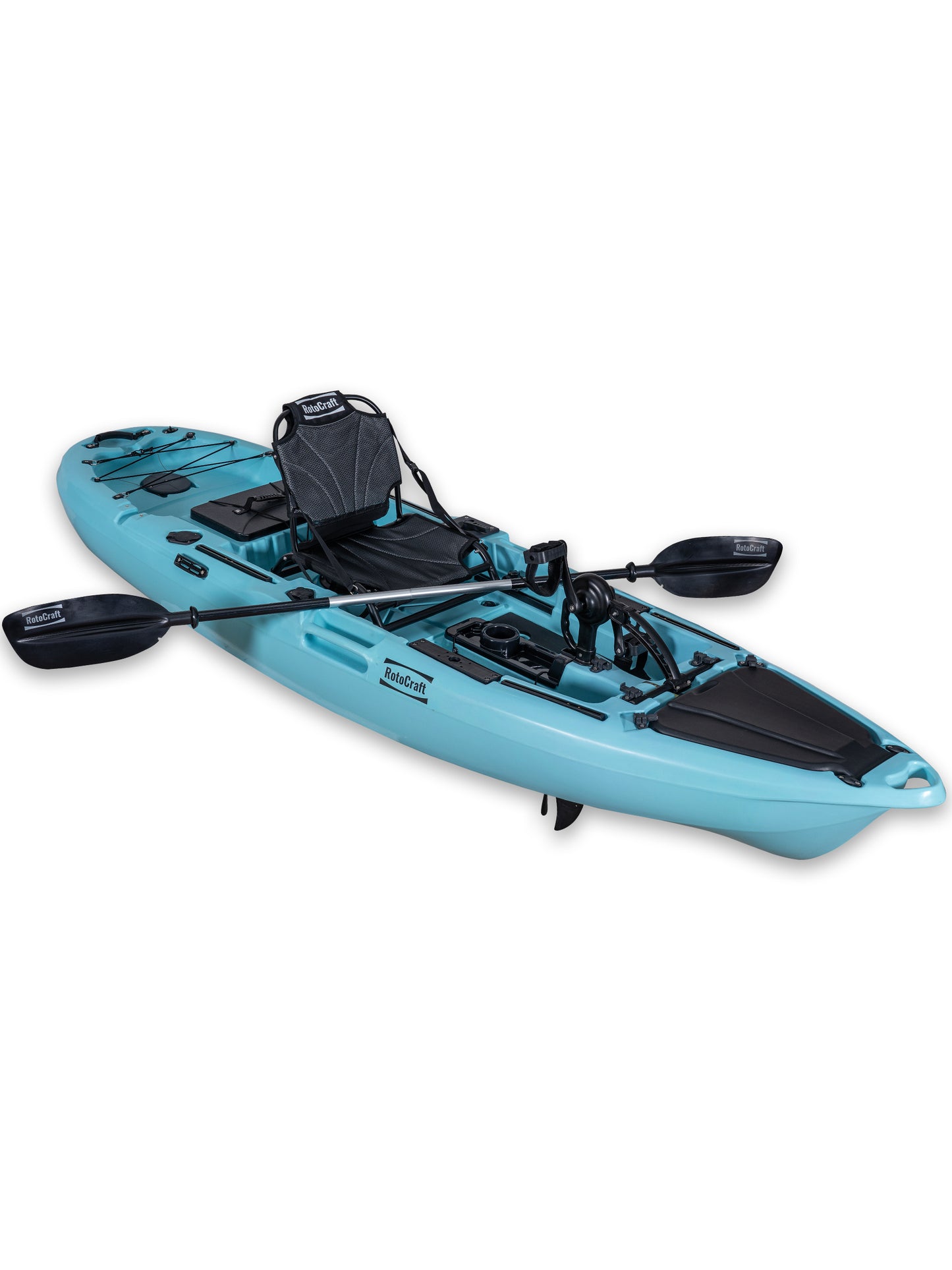 RotoCraft 10 foot single pedal drive kayak, angle view with paddle - glacier blue