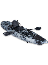 RotoCraft 10 foot single pedal drive kayak, angle view with paddle - granite grey camo