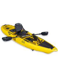 RotoCraft 10 foot single pedal drive kayak, angle view with paddle - solar yellow