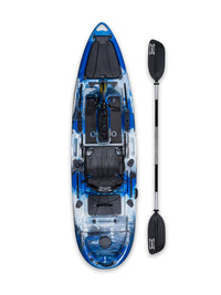 RotoCraft 10 foot single pedal drive kayak, overhead with paddle - oceana blue and white