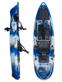 RotoCraft 10 foot single pedal drive kayak, vertical and side views - glacier blue and white