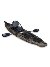 RotoCraft 11 foot single kayak, angle view with paddle - camouflage