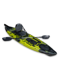 RotoCraft 11 foot single kayak, angle view with paddle - gecko lime green with black accent