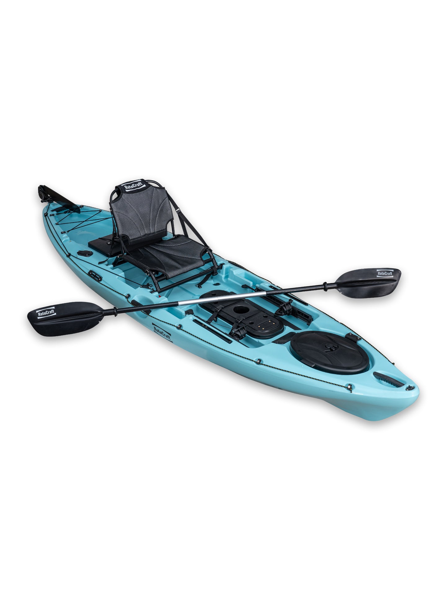 RotoCraft 11 foot single kayak, angle view with paddle - glacier blue