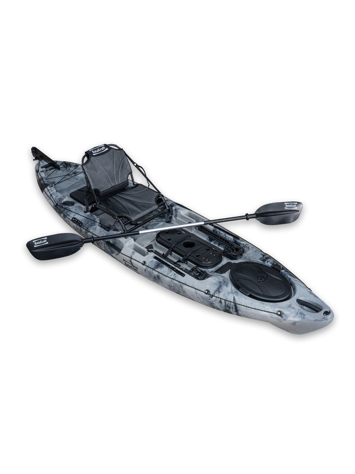RotoCraft 11 foot single kayak, angle view with paddle - granite grey with black accent