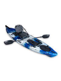 RotoCraft 11 foot single kayak, angle view with paddle - oceana blue with white
