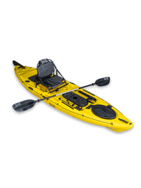 RotoCraft 11 foot single kayak, angle view with paddle - solar yellow