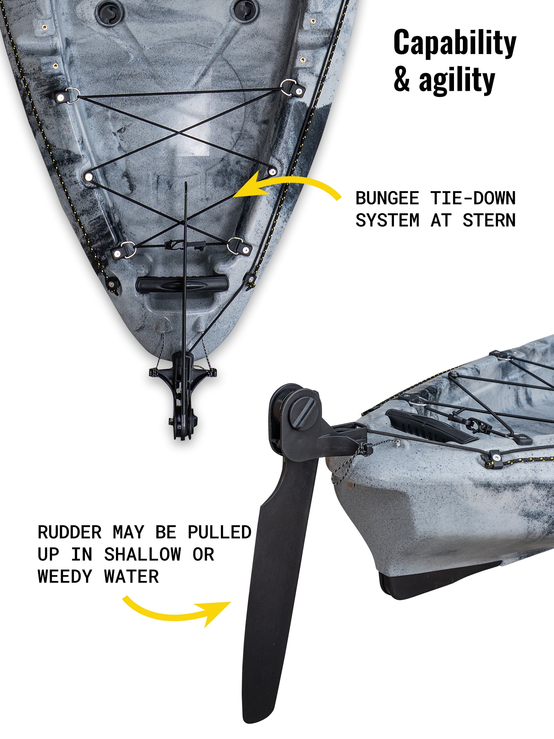 RotoCraft 11 foot single kayak, bungee tie-down and rudder system - granite grey with black accent