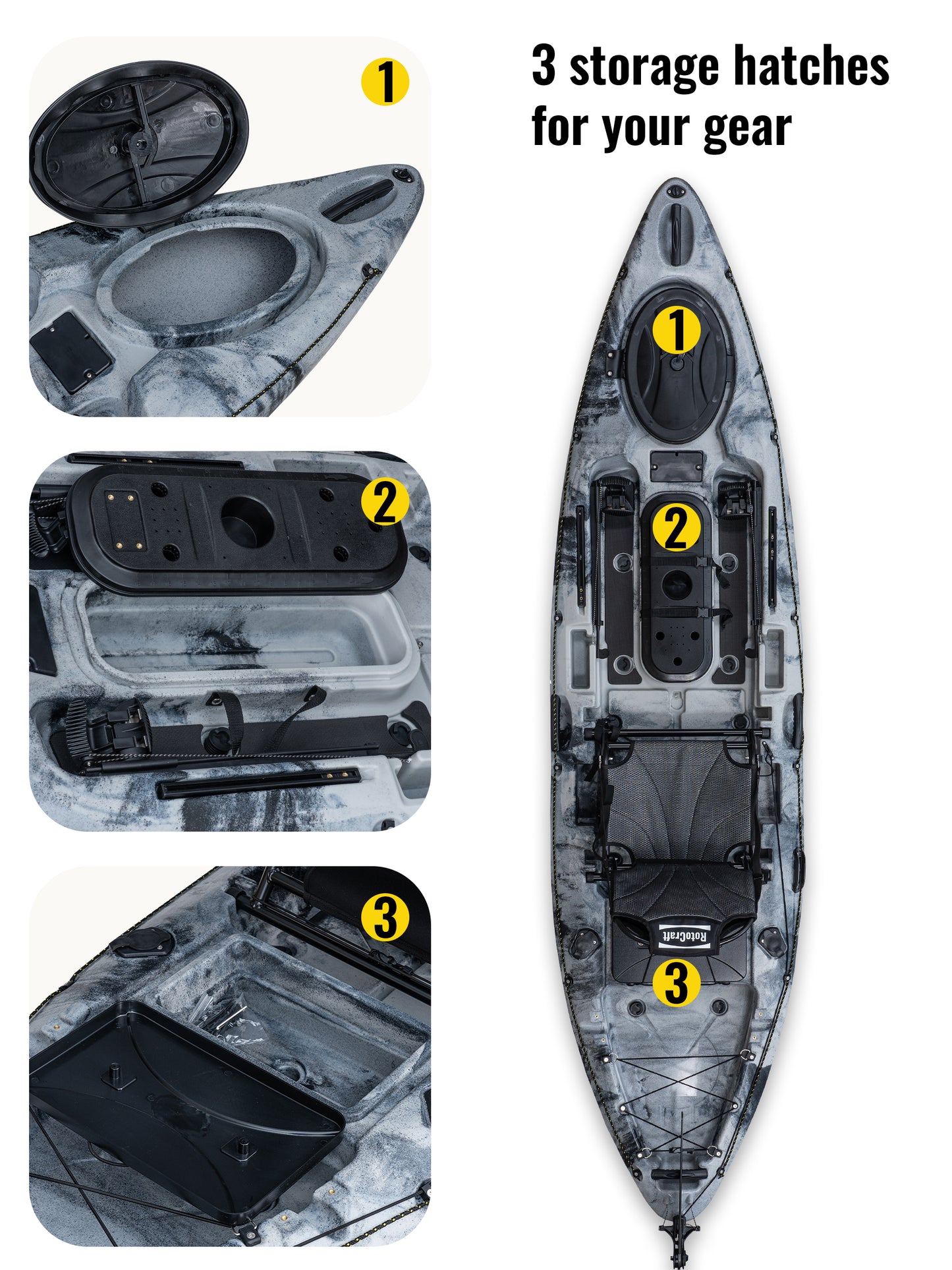 RotoCraft 11 foot single kayak, three storage hatches - granite grey with black accent