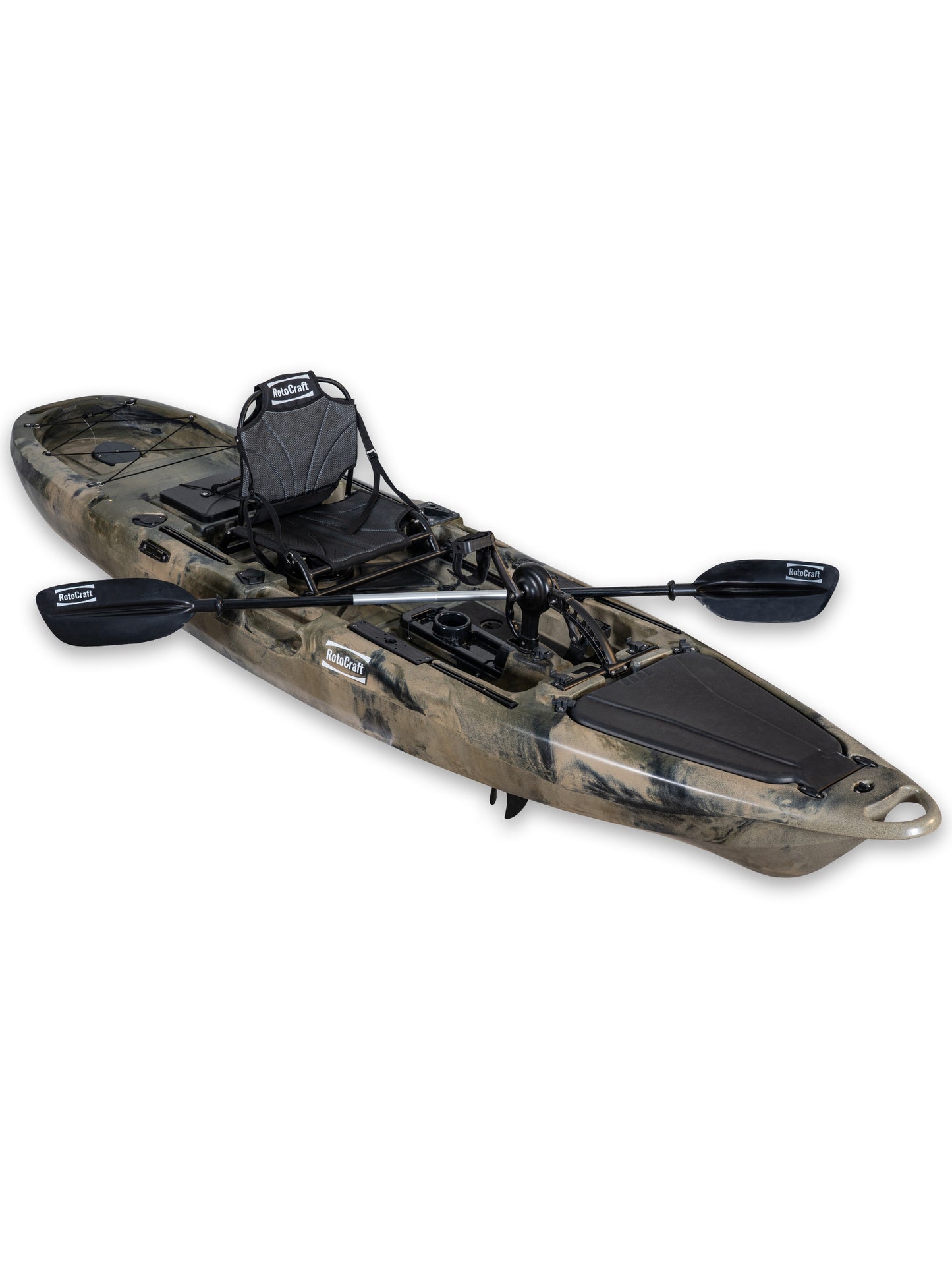 RotoCraft 12 foot Pro Single Pedal Kayak, angle view with paddle- camouflage