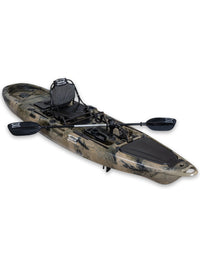 RotoCraft 12 foot Pro Single Pedal Kayak, angle view with paddle- camouflage