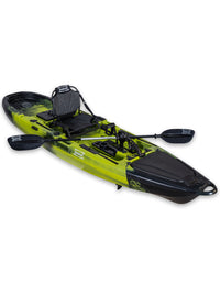 RotoCraft 12 foot Pro Single Pedal Kayak, angle view with paddle- gecko