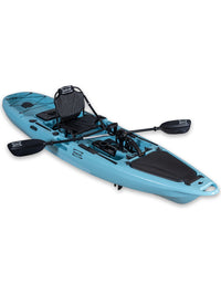 RotoCraft 12 foot Pro Single Pedal Kayak, angle view with paddle- glacier