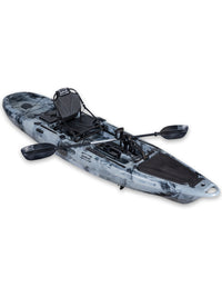 RotoCraft 12 foot Pro Single Pedal Kayak, angle view with paddle- granite