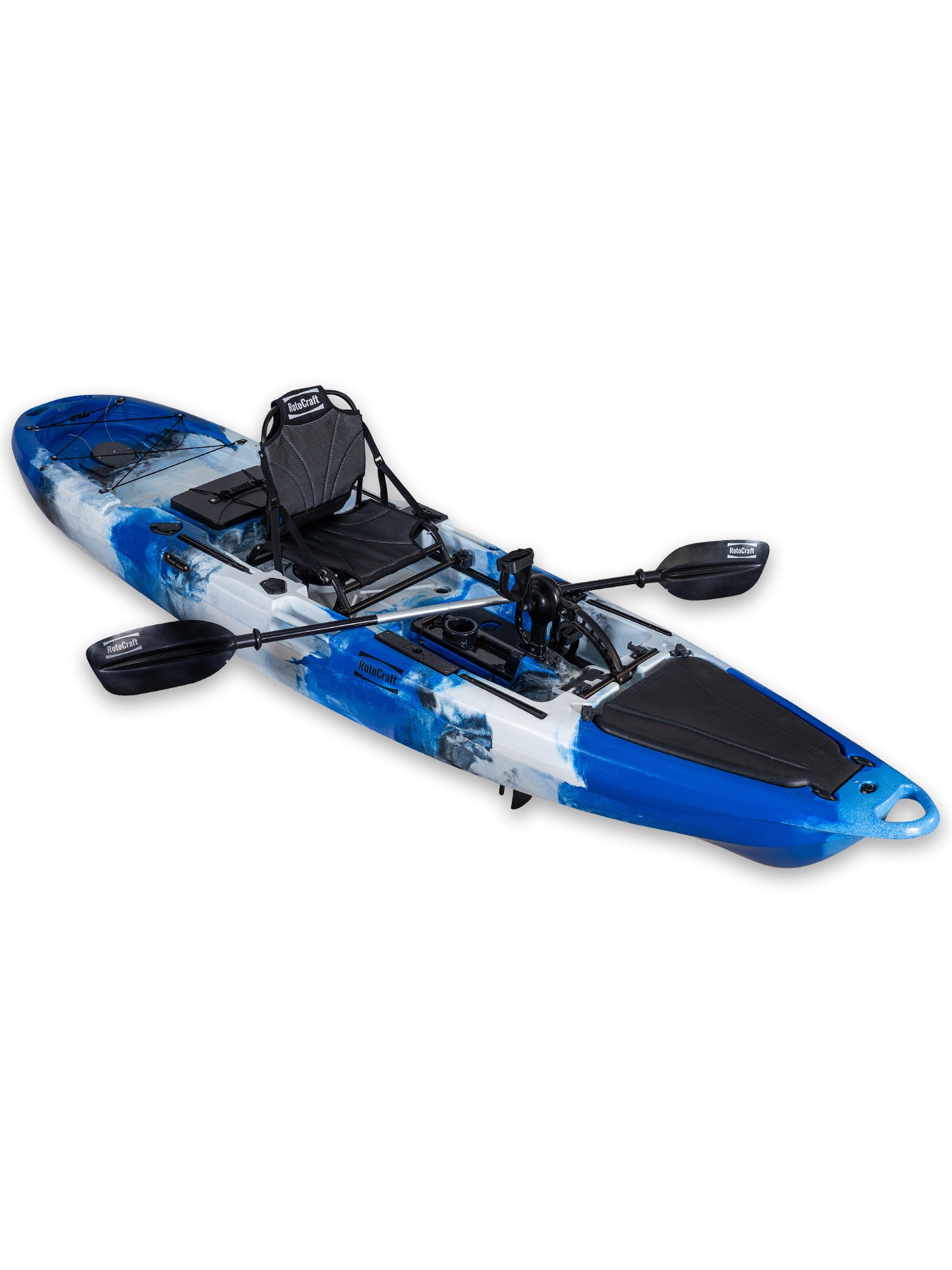 RotoCraft 12 foot Pro Single Pedal Kayak, angle view with paddle-oceana