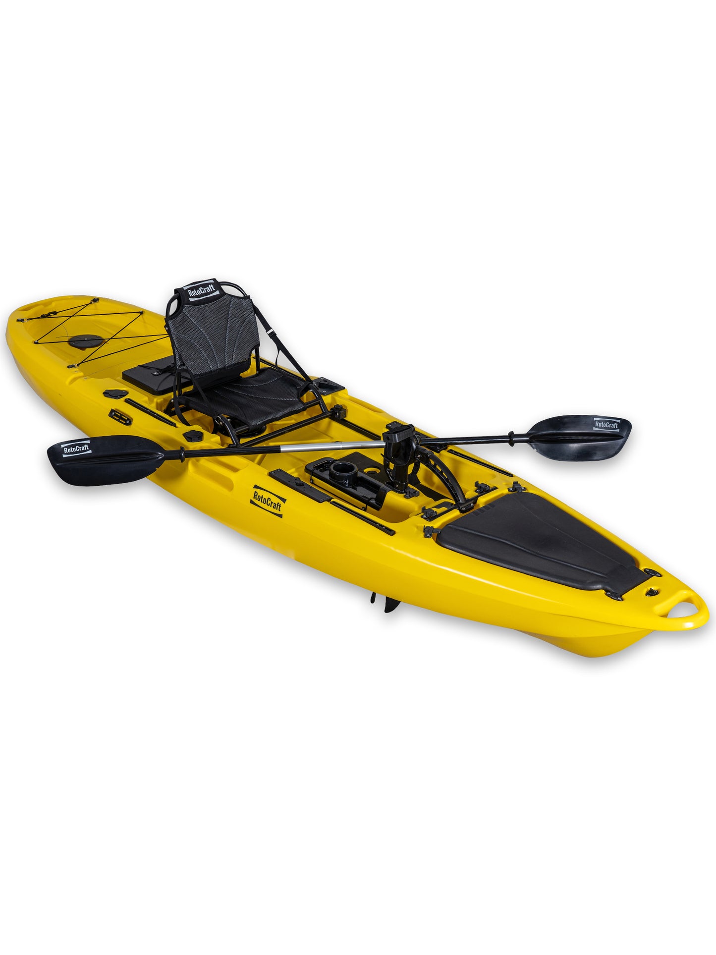 RotoCraft 12 foot Pro Single Pedal Kayak, angle view with paddle- solar