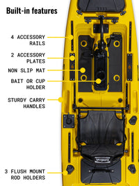 RotoCraft 12 foot Pro Single Pedal Kayak, built-in accessory rails, non-slip mat, cup holder, carry handles, 3 flush mount rod holders
