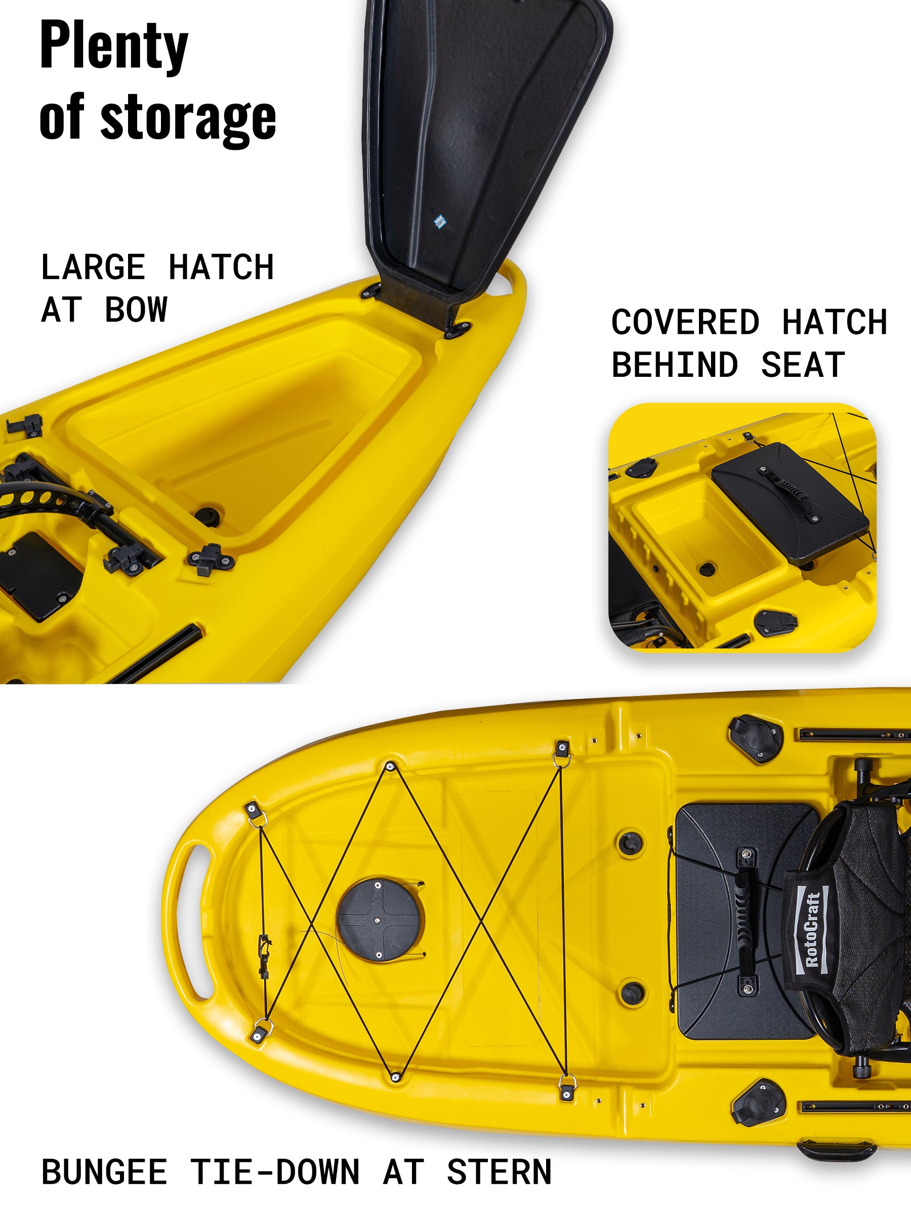 RotoCraft 12 foot Pro Single Pedal Kayak, storage hatch and bungee tie down - solar