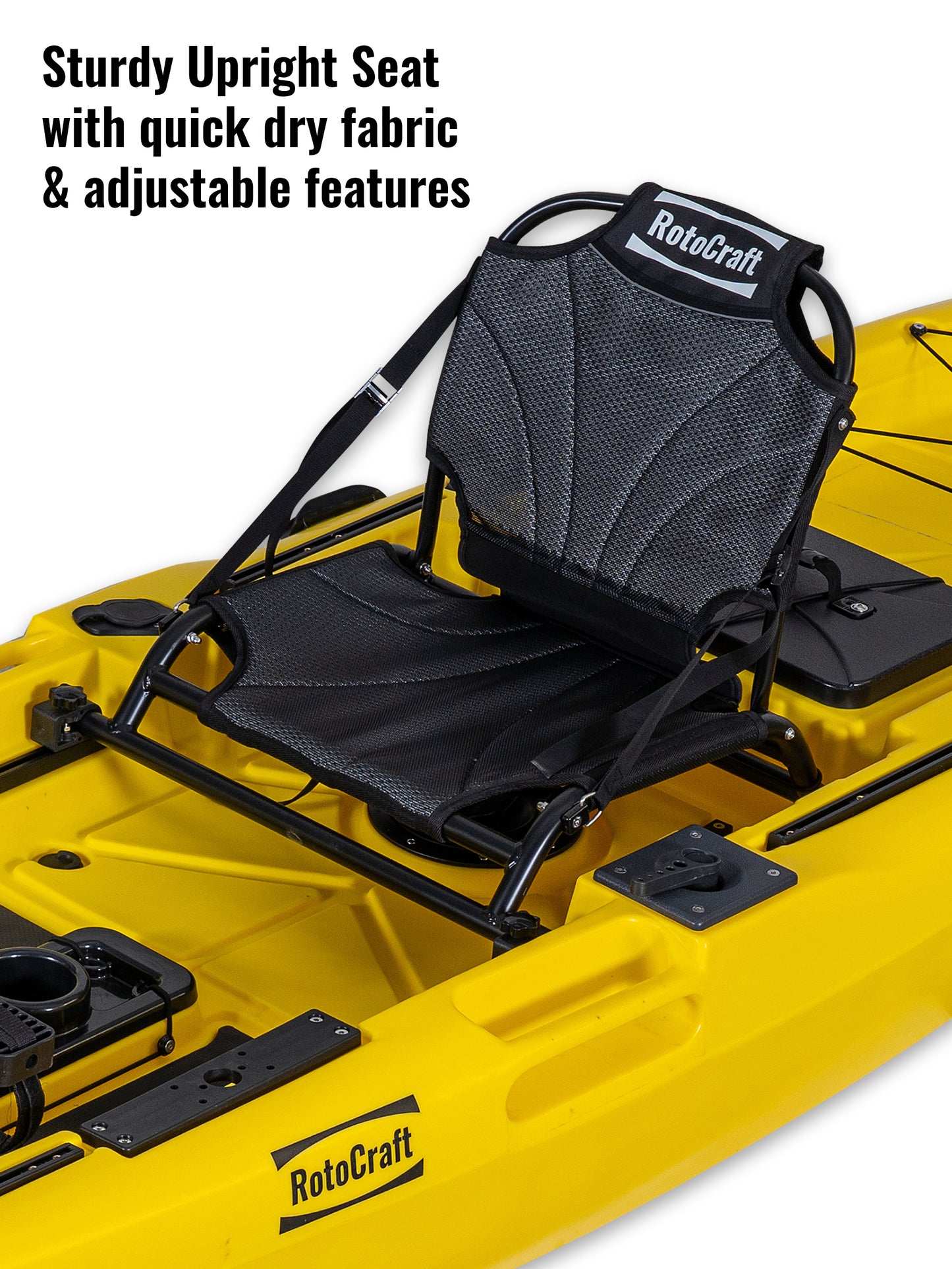 RotoCraft 12 foot Pro Single Pedal Kayak, upright seat in quick dry fabrid-solar