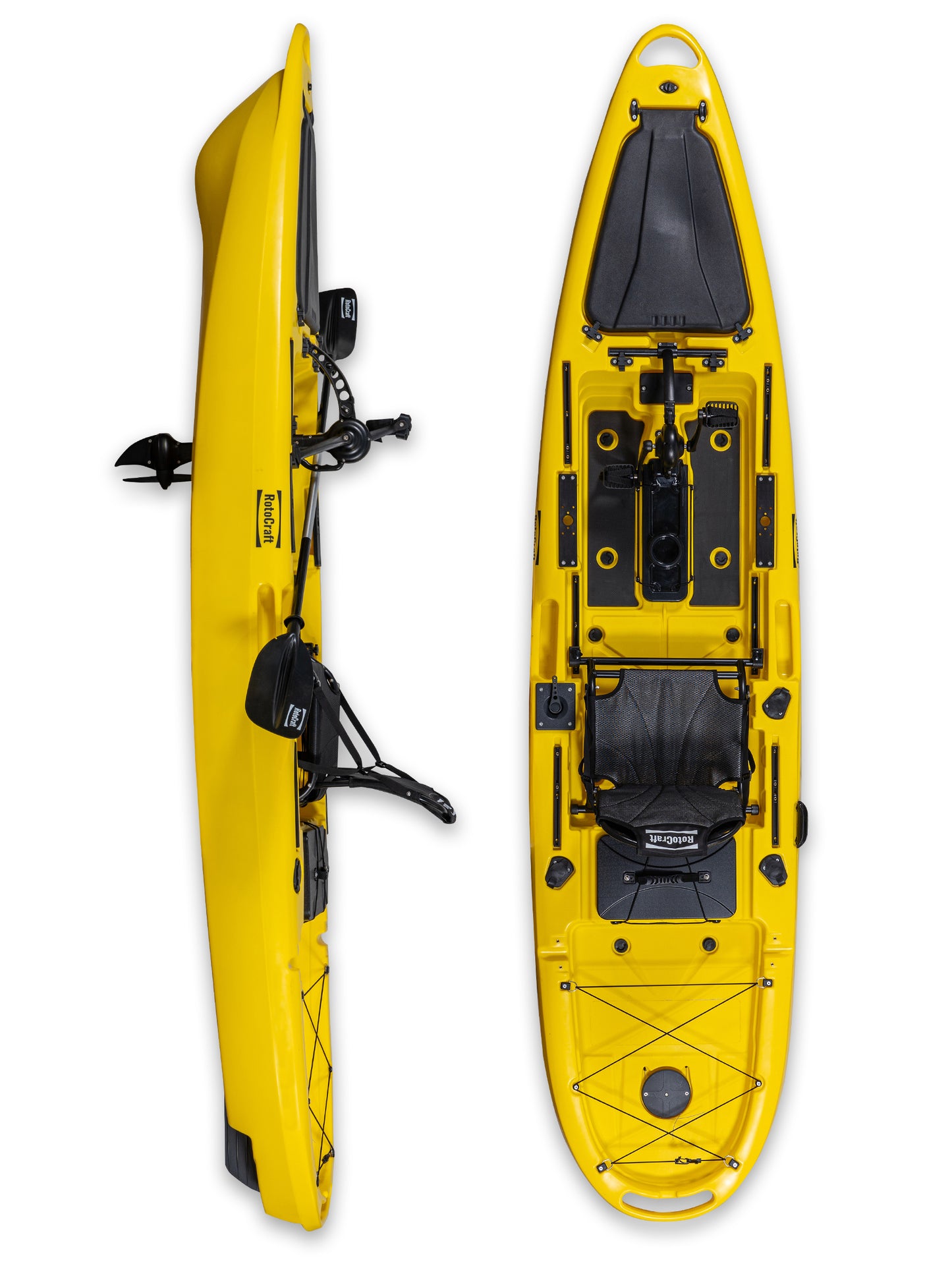RotoCraft 12 foot Pro Single Pedal Kayak, overhead and side views - solar