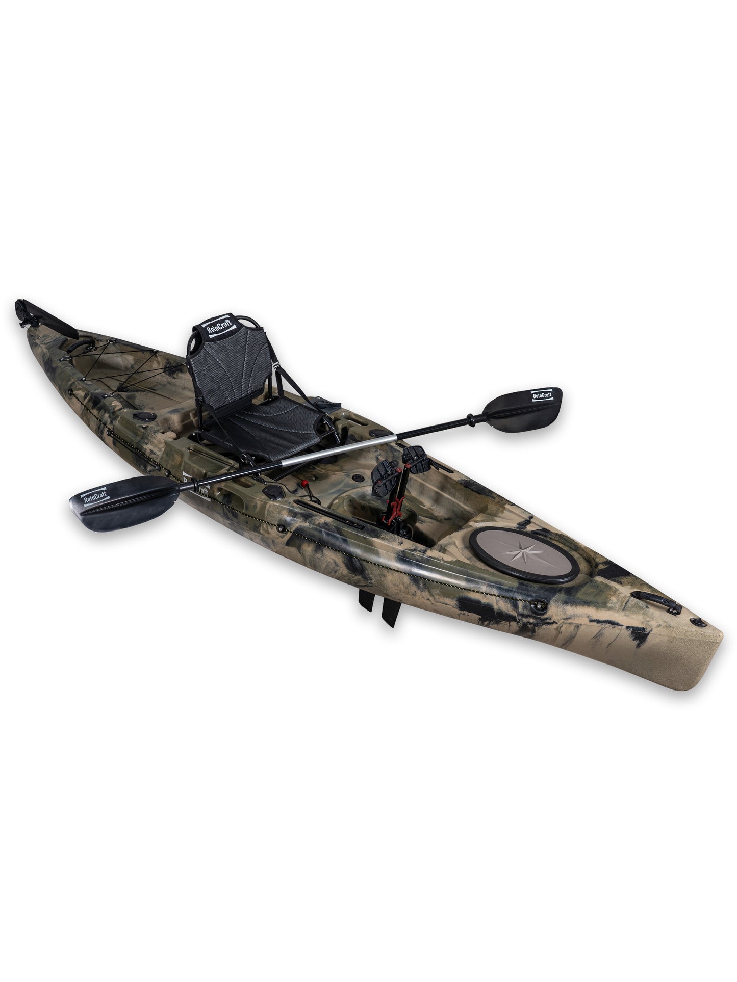 RotoCraft 12 foot single pedal flipper drive kayak, angle view with paddle - camouflage