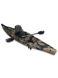 RotoCraft 12 foot single pedal flipper drive kayak, angle view with paddle - camouflage