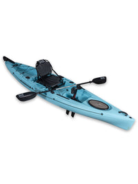 RotoCraft 12 foot single pedal flipper drive kayak, angle view with paddle - glacier blue