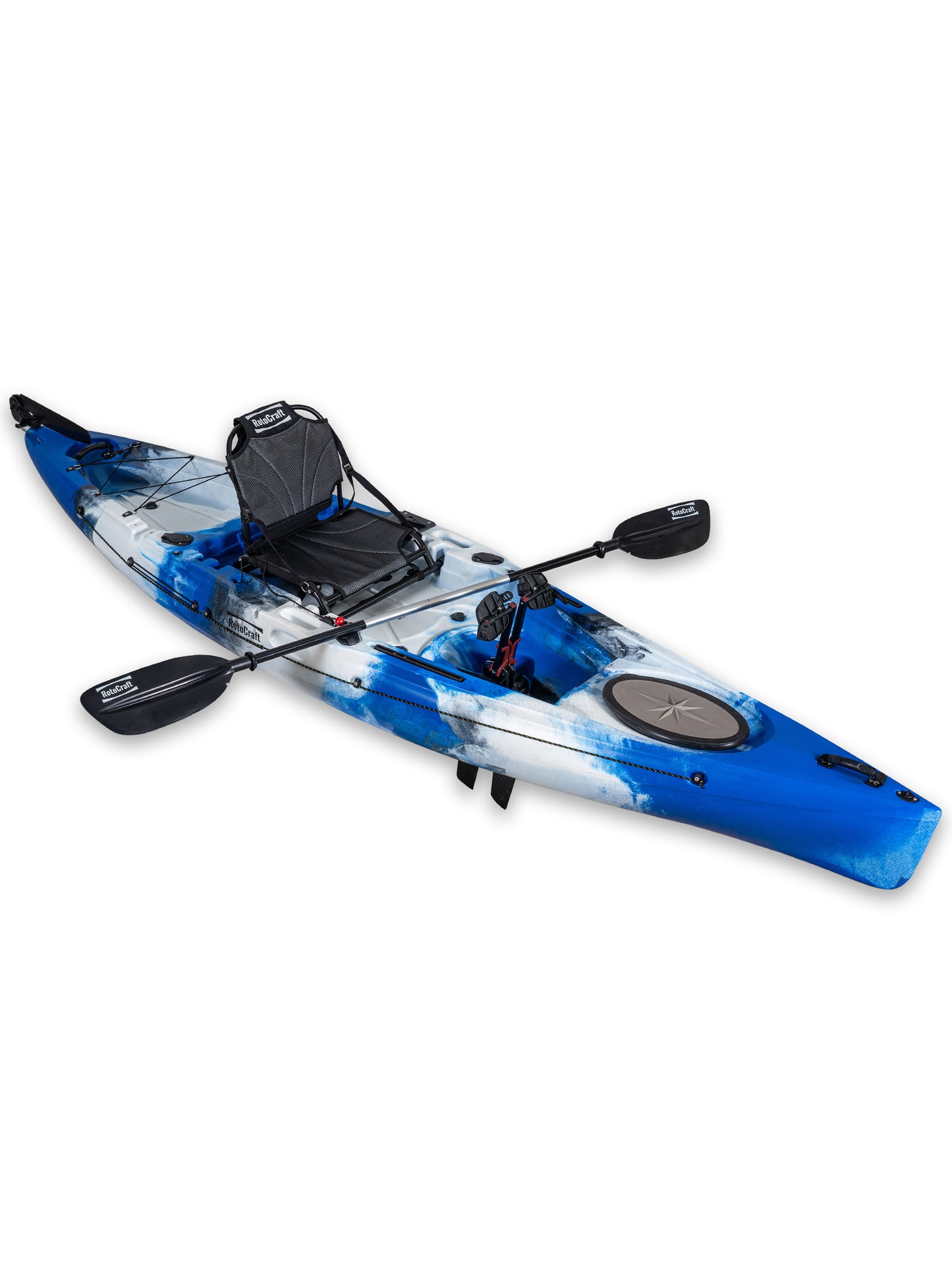 RotoCraft 12 foot single pedal flipper drive kayak, angle view with paddle - oceana blue with white