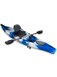 RotoCraft 12 foot single pedal flipper drive kayak, angle view with paddle - oceana blue with white