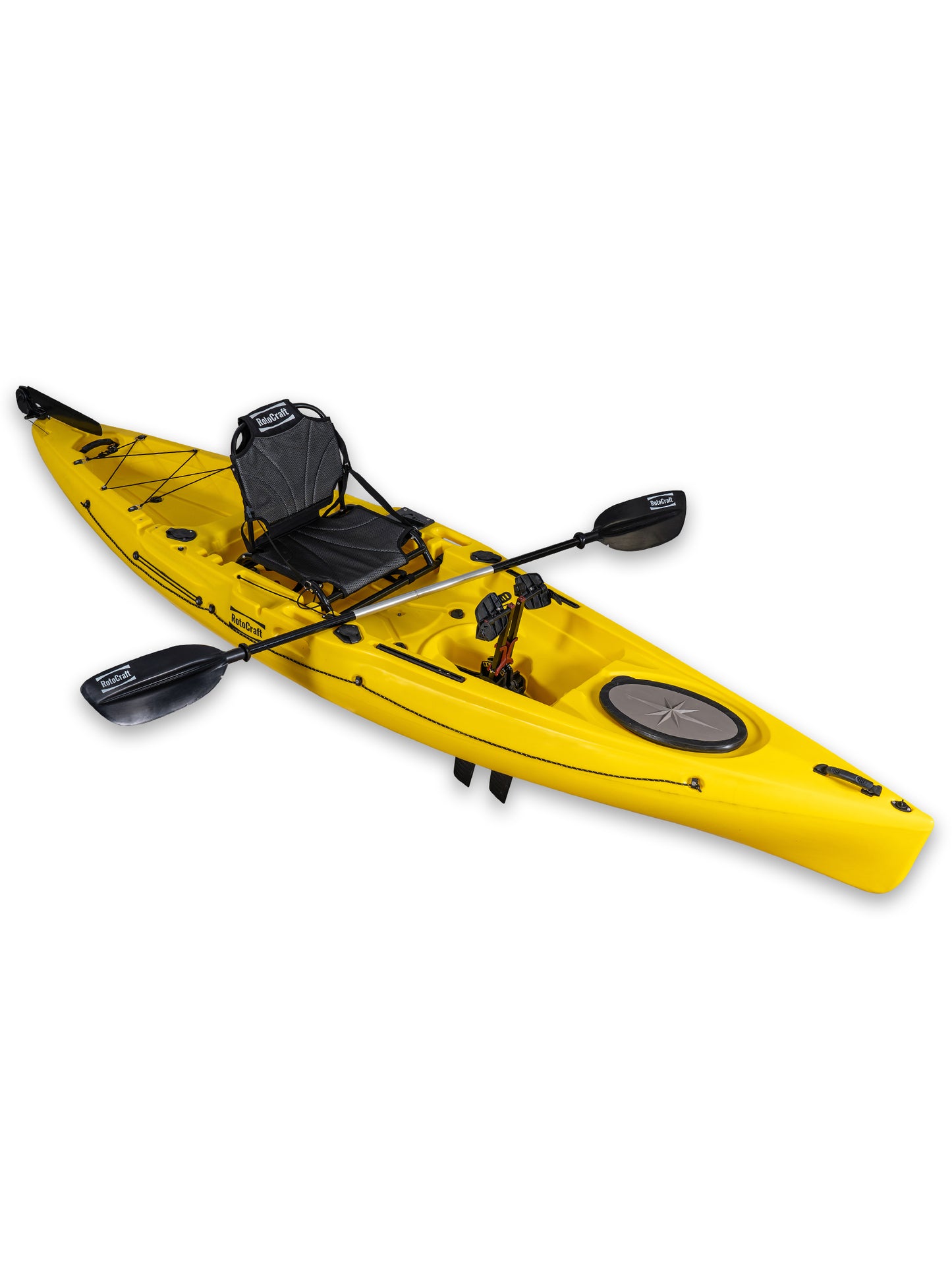 RotoCraft 12 foot single pedal flipper drive kayak, angle view with paddle - solar yellow