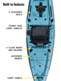 RotoCraft 12 foot single pedal flipper drive kayak, built in rod holders, accessory mounts, carry handles- glacier