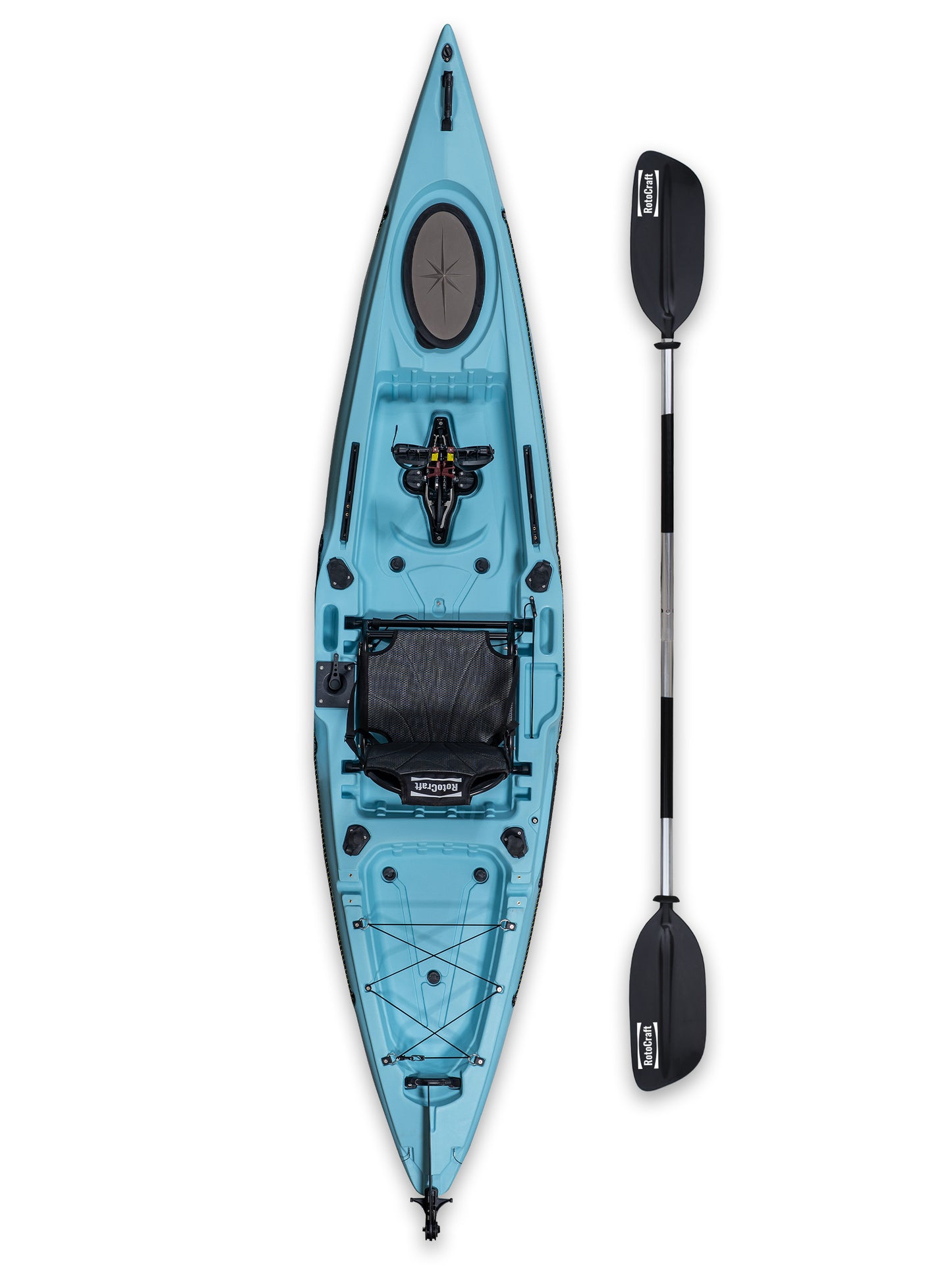 RotoCraft 12 foot single pedal flipper drive kayak, angle view with paddle - glacier blue