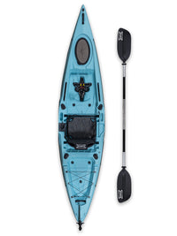 RotoCraft 12 foot single pedal flipper drive kayak, angle view with paddle - glacier blue