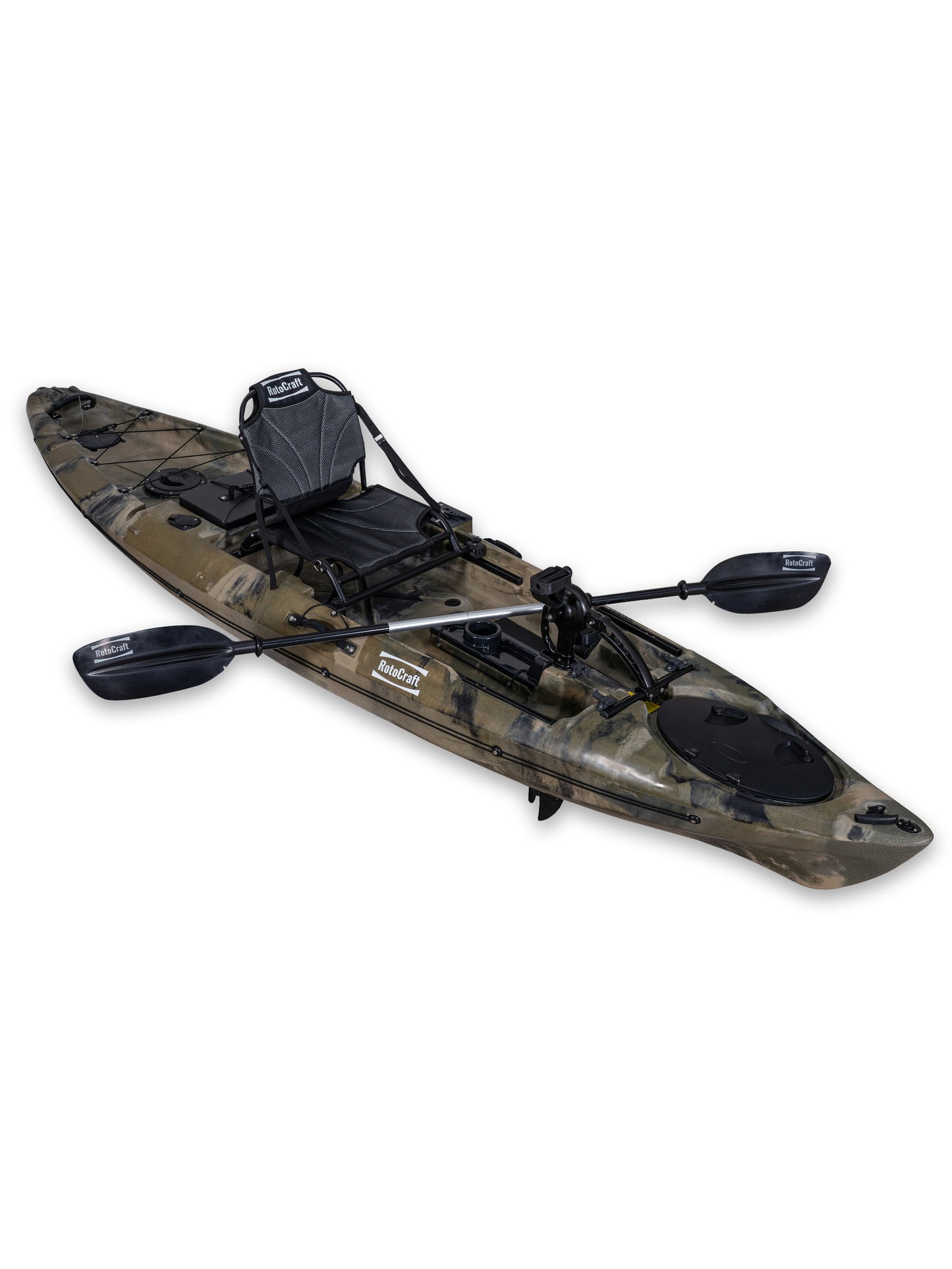 RotoCraft 12 foot Single Pedal Kayak, angle view with paddle - camouflage