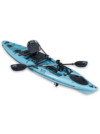 RotoCraft 12 foot Single Pedal Kayak, angle view with paddle - glacier