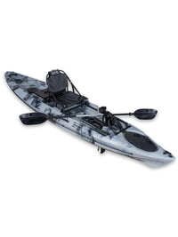 RotoCraft 12 foot Single Pedal Kayak, angle view with paddle - granite