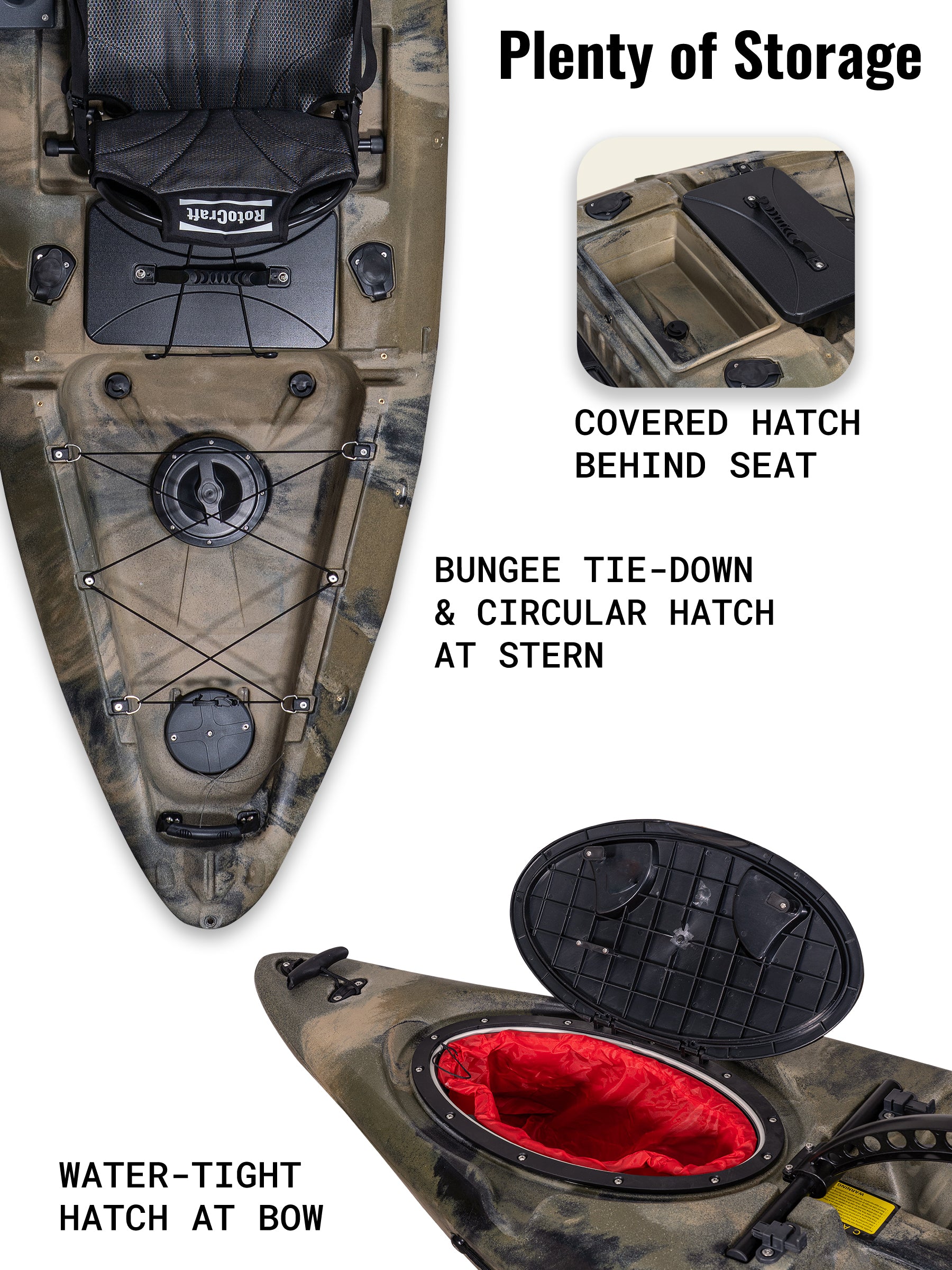 RotoCraft 12 foot Single Pedal Kayak, storage hatches and rear bungee tie-down - camouflage