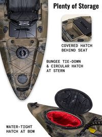 RotoCraft 12 foot Single Pedal Kayak, storage hatches and rear bungee tie-down - camouflage