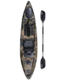 RotoCraft 12 foot Single Pedal Kayak, vertical view with paddle - camouflage