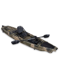 RotoCraft 12 foot Single Pedal or Flipper Kayak, angle view with paddle - camouflage