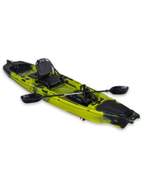 RotoCraft 12 foot Single Pedal or Flipper Kayak, angle view with paddle - gecko