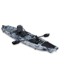 RotoCraft 12 foot Single Pedal or Flipper Kayak, angle view with paddle- granite