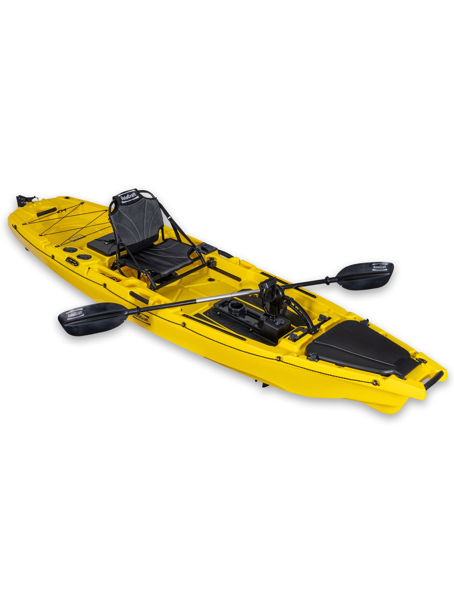 RotoCraft 12 foot Single Pedal or Flipper Kayak, angle view with paddle - solar