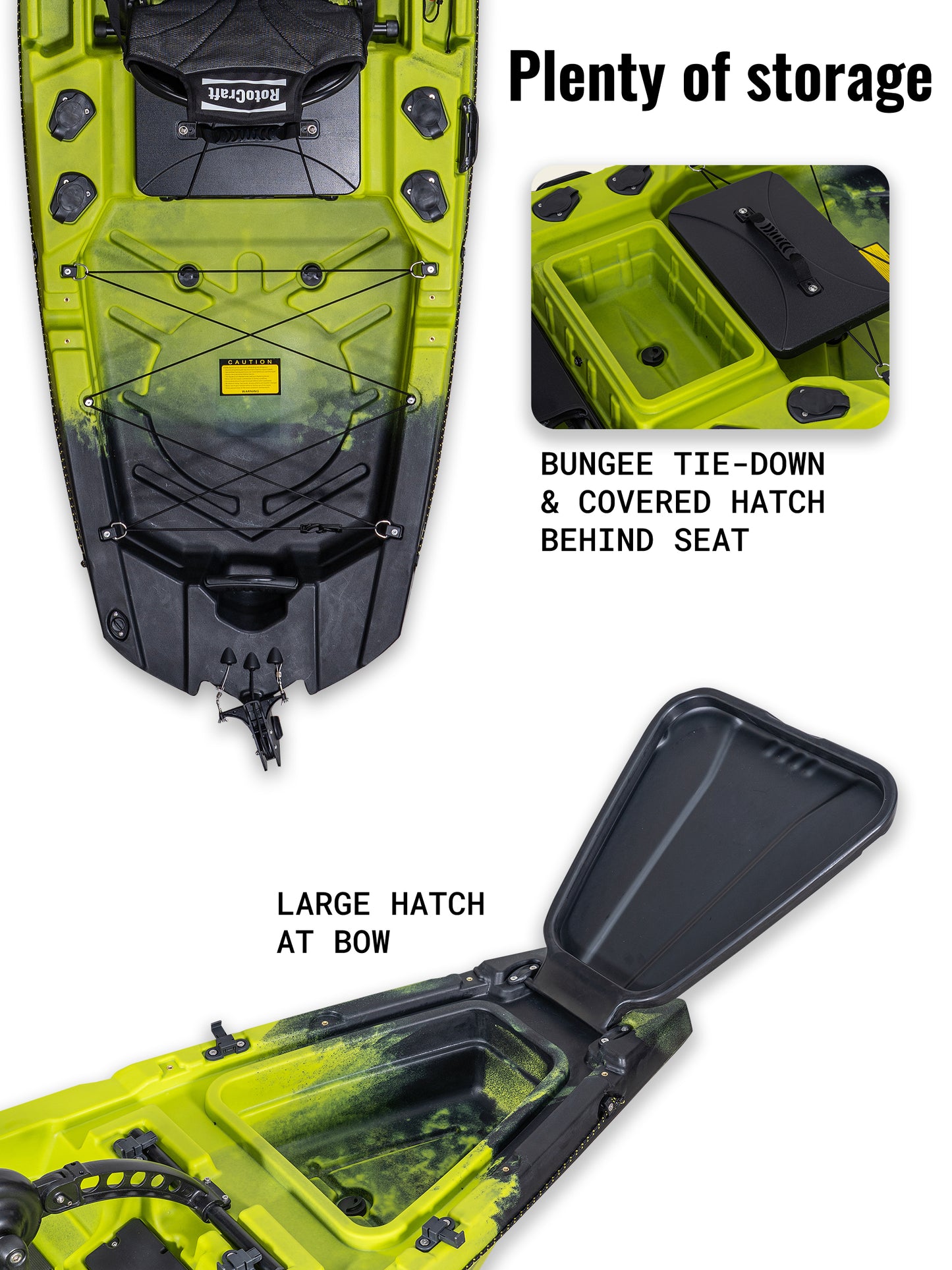 RotoCraft 12 foot Single Pedal or Flipper Kayak, storage hatches - gecko