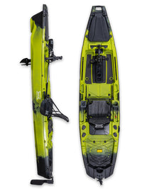 RotoCraft 12 foot Single Pedal or Flipper Kayak, vertical and side views - gecko