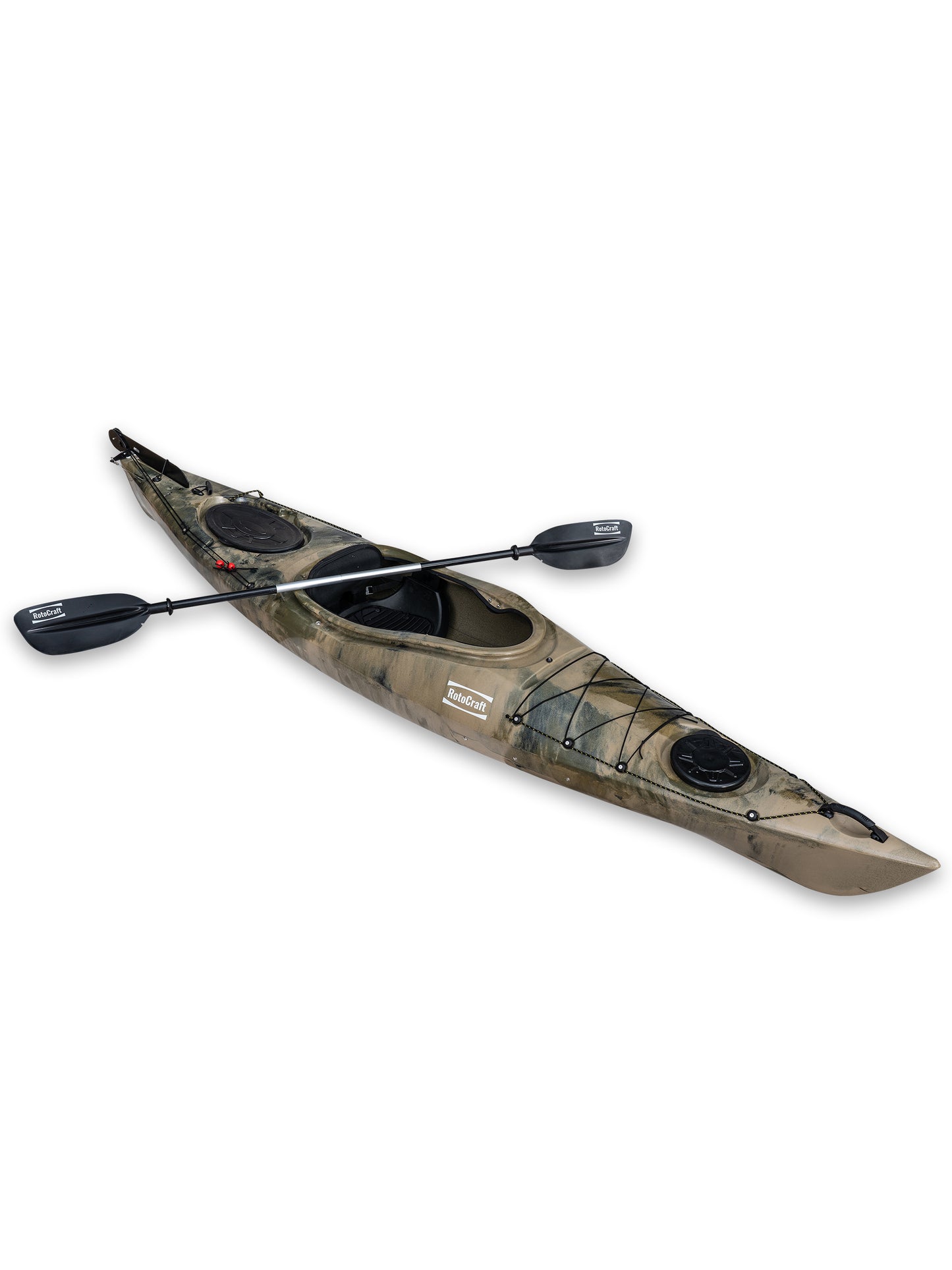 RotoCraft 12 foot single sit-in kayak, angle view with paddle - camouflage