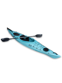 RotoCraft 12 foot single sit-in kayak, angle view with paddle - glacier blue